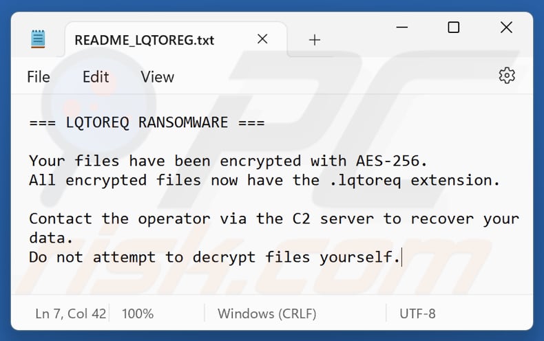 Fichier texte du ransomware LQTOREQ (README_LQTOREG.txt)