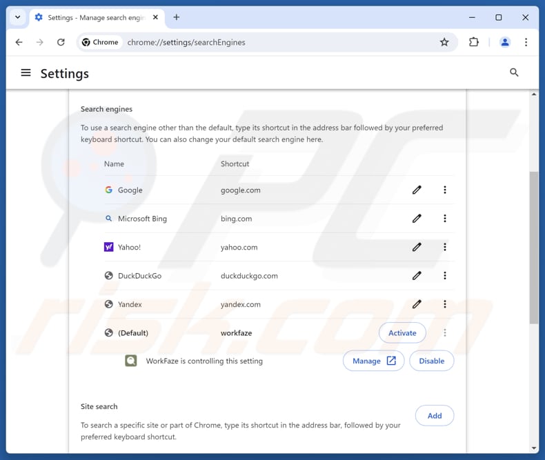 Suppression de myworkfaze.com du moteur de recherche par défaut de Google Chrome
