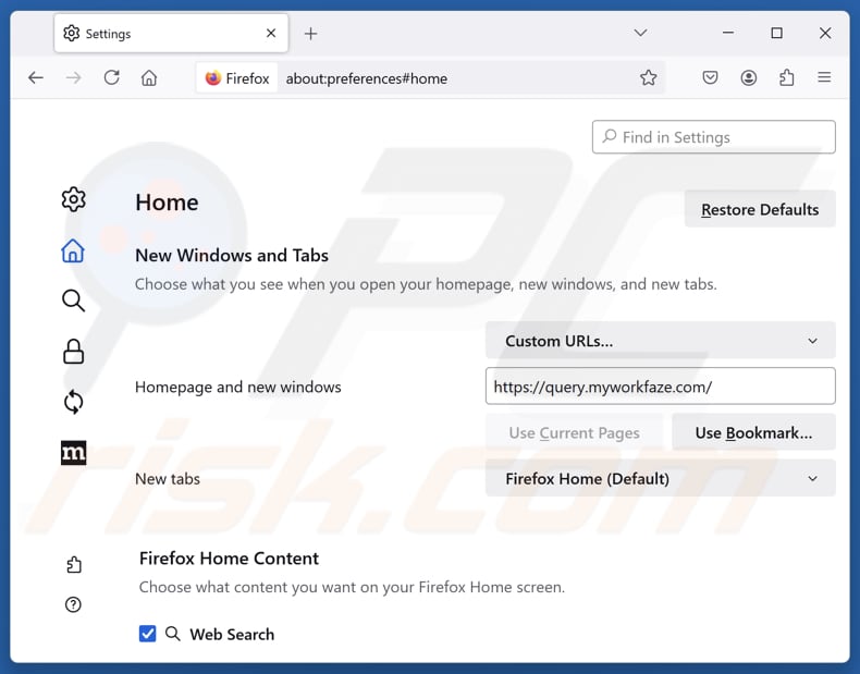 Suppression de myworkfaze.com de la page d'accueil Mozilla Firefox