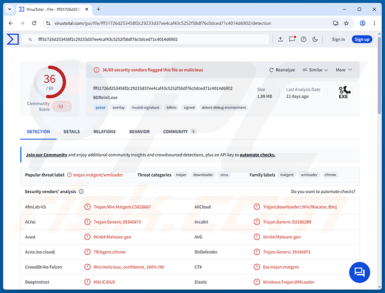 Détections du malware NANOREMOTE sur VirusTotal