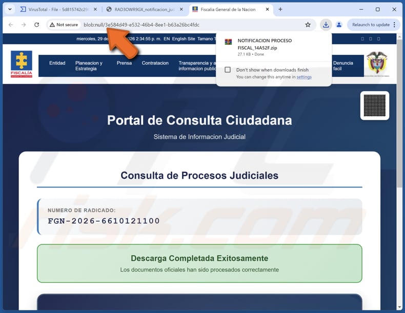 URL blob du maliciel NexusRAT ouverte via la pièce jointe