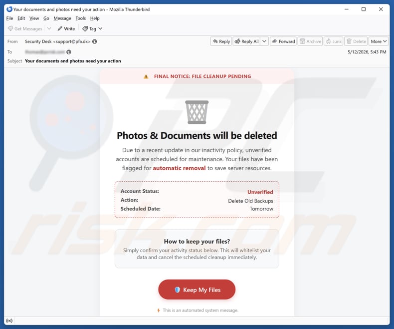 Campagne de spam par e-mail Photos & Documents Will Be Deleted