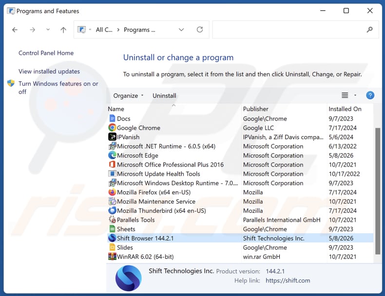Désinstallation de Shift via le Panneau de configuration