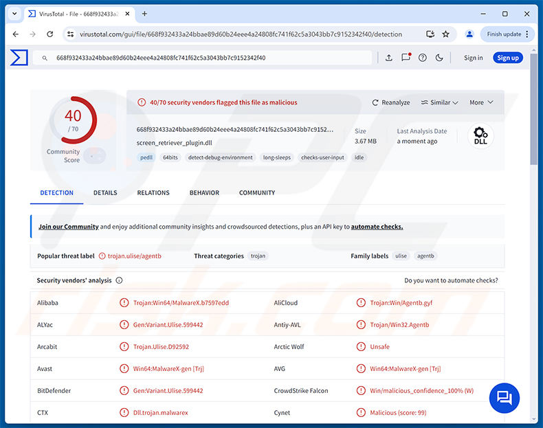 Détections du malware TCLBanker sur VirusTotal