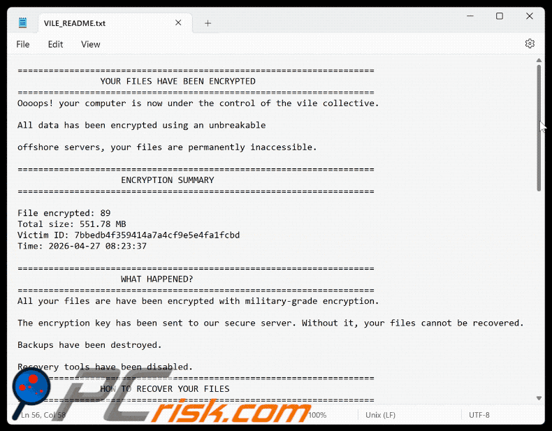Fichier texte du rançongiciel Vile (VILE_README.txt)