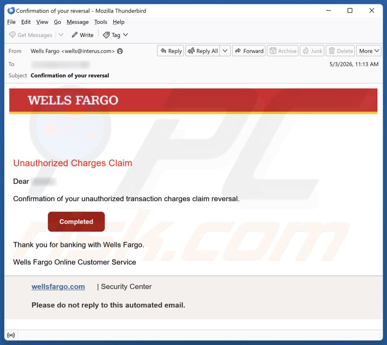 Campagne de spam par e-mail Wells Fargo - Unauthorized Charges
