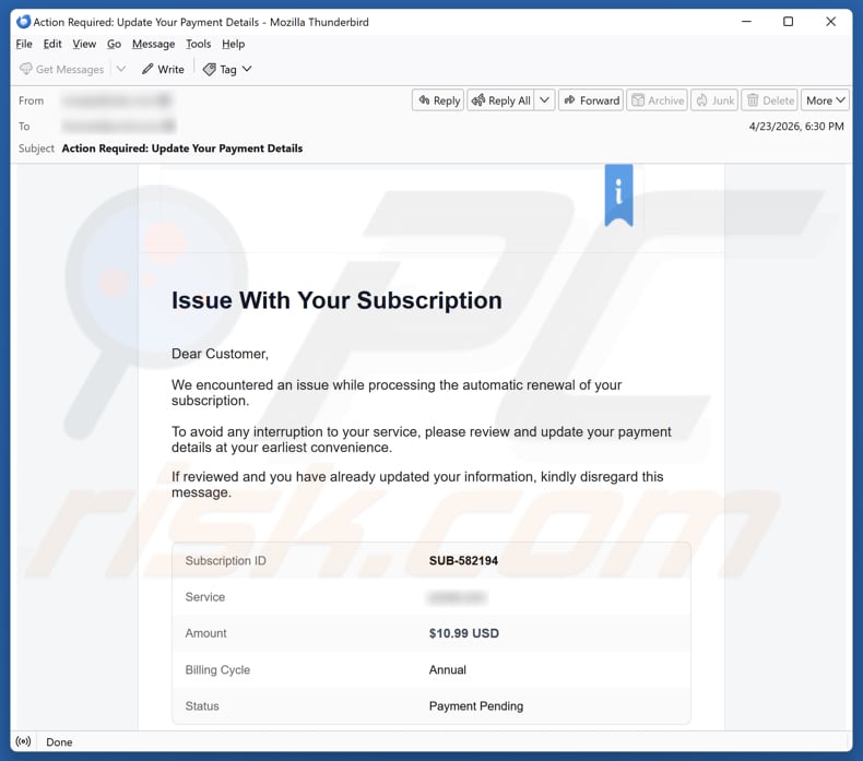 Campagne de spam par e-mail Wix Subscription Renewal