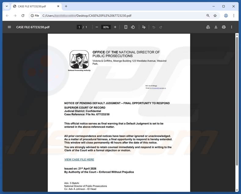 Pièce jointe de l'arnaque par e-mail You Have Been Served With A Court Letter