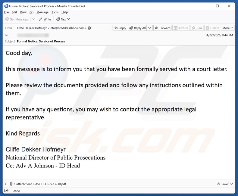 Campagne de spam par e-mail You Have Been Served With A Court Letter