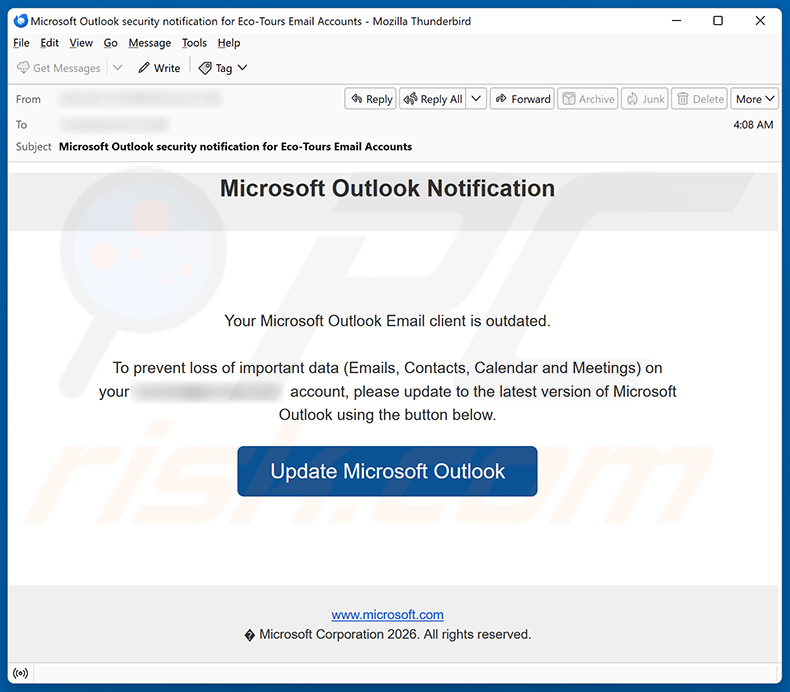 Campagne de spam par e-mail Your Microsoft Outlook Email Client Is Outdated
