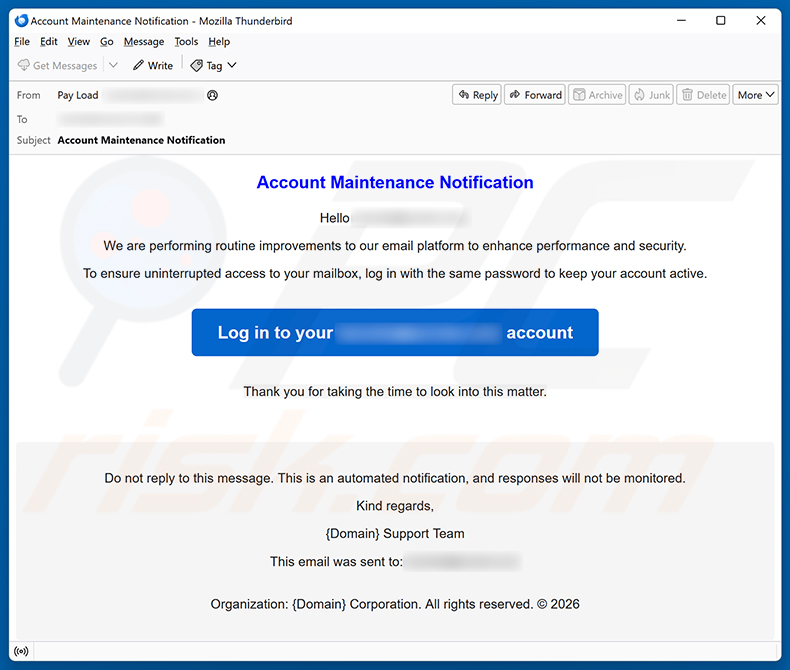 Campagne de spam par e-mail Account Maintenance Notification
