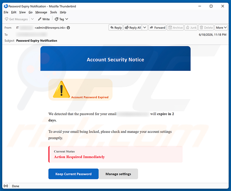 Campagne de spam par e-mail Account Security Notice