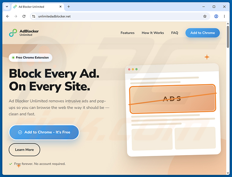 Site web faisant la promotion de l'extension Ad Blocker Unlimited (exemple 1)