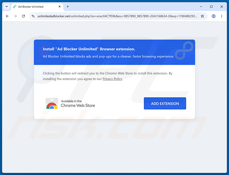 Site web faisant la promotion de l'extension Ad Blocker Unlimited (exemple 2)