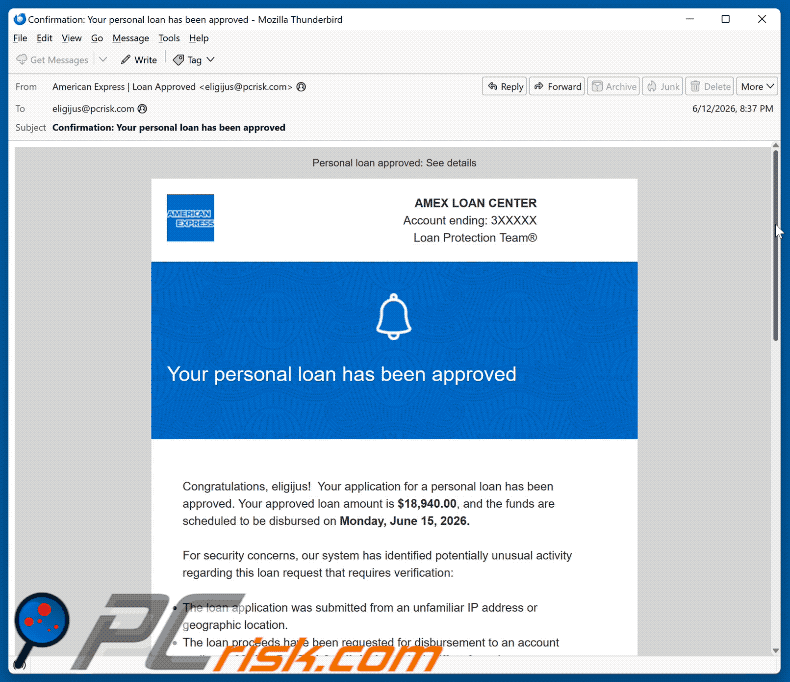 E-mail d'arnaque American Express - Personal Loan Approved (GIF)