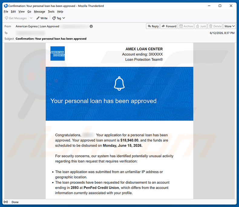 Campagne de spam par e-mail American Express - Personal Loan Approved