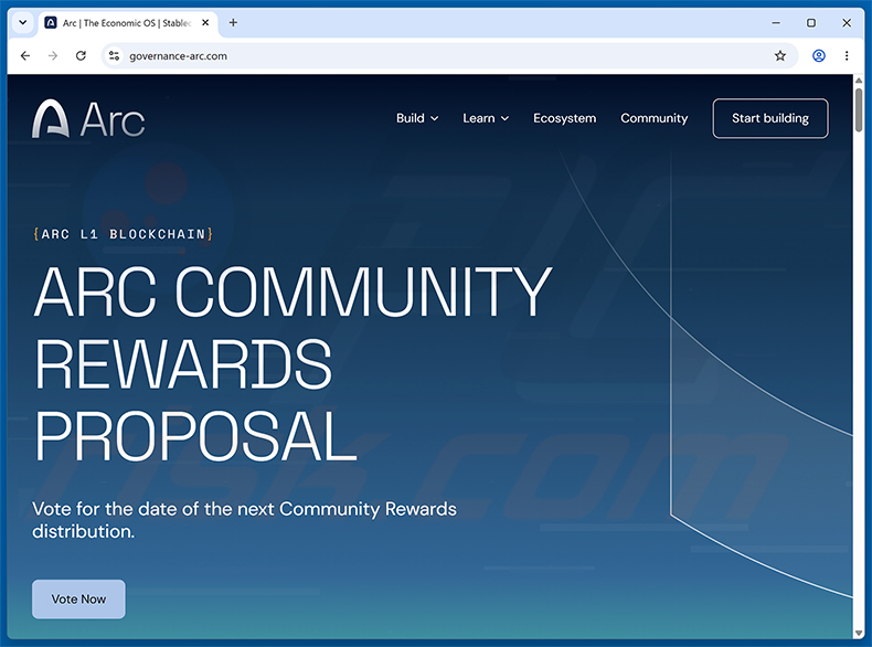 Site Web de l'arnaque Arc Community Rewards (governance-arc[.]com)