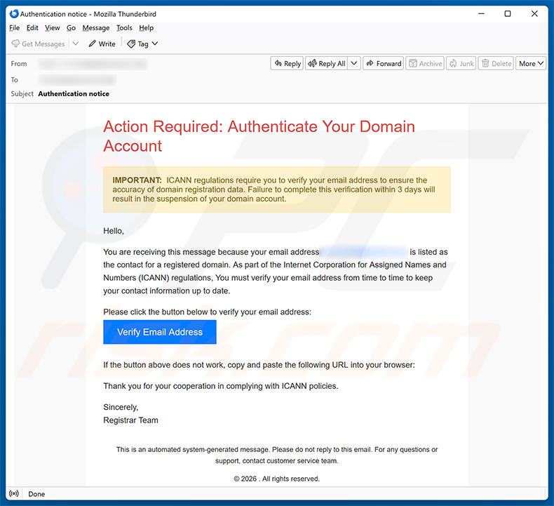 Campagne de spam par e-mail Authenticate Your Domain Account
