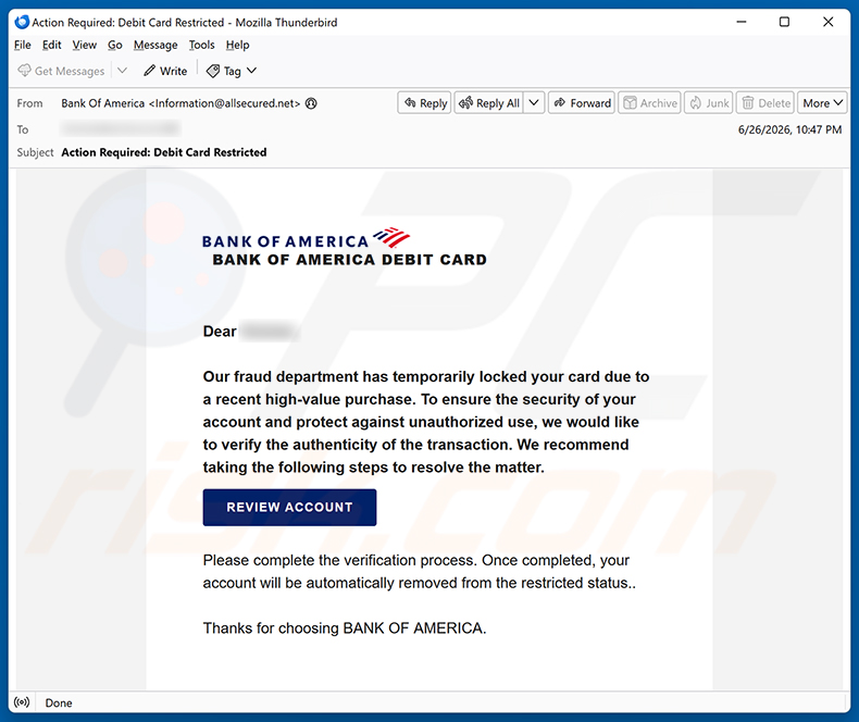 Campagne de spam par e-mail Bank Of America Card Locked