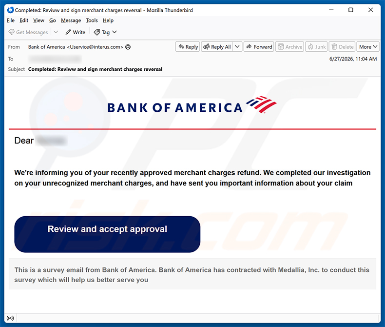 Campagne de spam par e-mail Bank of America - Merchant Charges Refund