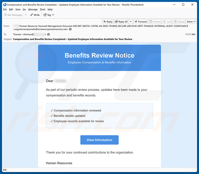 Campagne de spam par e-mail Benefits Review Notice