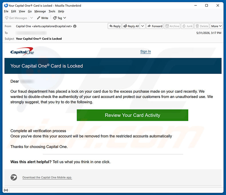 Campagne de spam par e-mail Capital One Card Is Locked