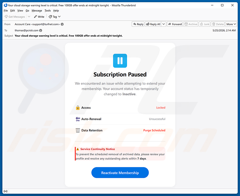 Campagne de spam par e-mail Cloud Subscription Paused