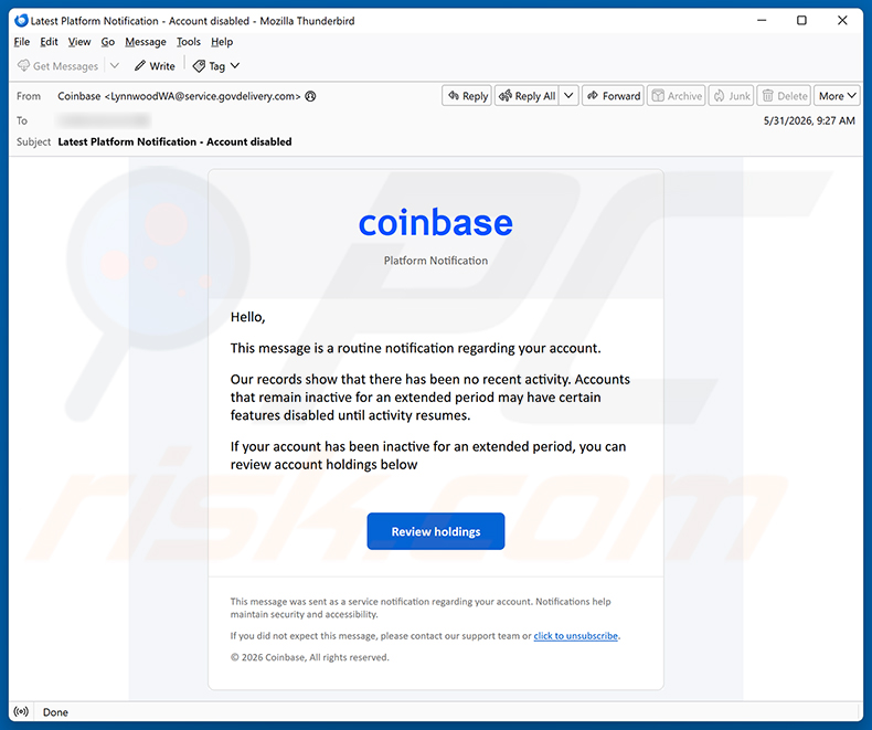 Campagne de spam par e-mail Coinbase - Disablement Of Inactive Accounts arnaque par e-mail