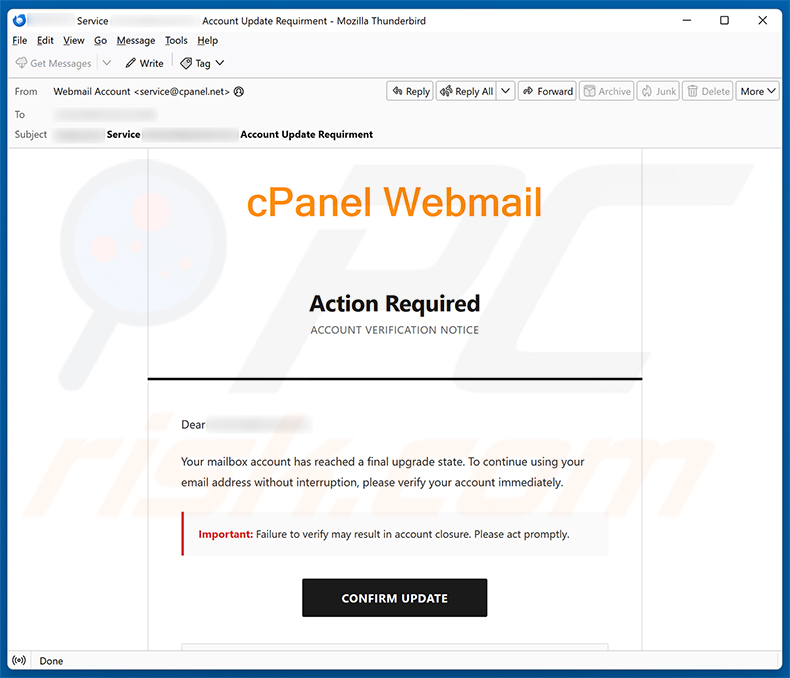 Campagne de spam par e-mail cPanel Final Account Upgrade State