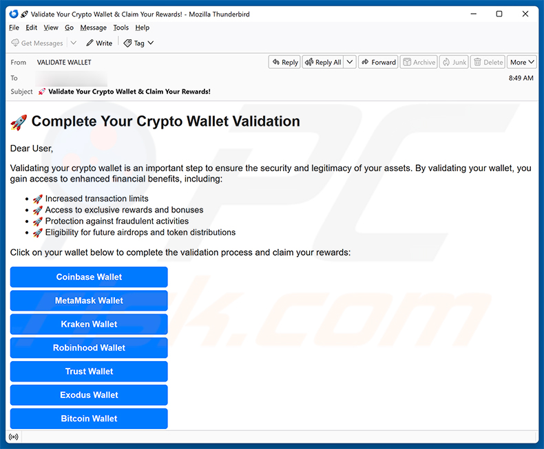Campagne de spam par e-mail Crypto Wallet Validation
