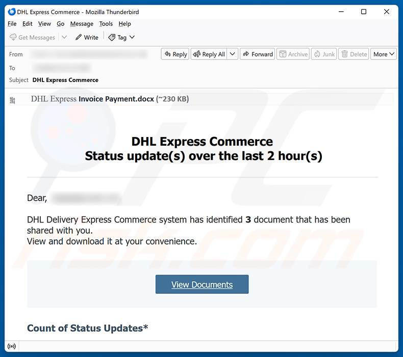 Campagne de spam par e-mail DHL Express Commerce Status Update arnaque par e-mail