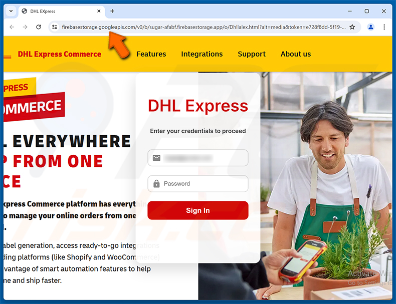 Page de phishing DHL Express Commerce Status Update