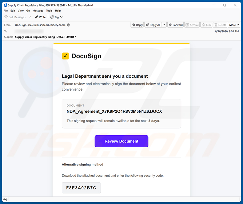 Campagne de spam par e-mail DocuSign - Legal Department Document