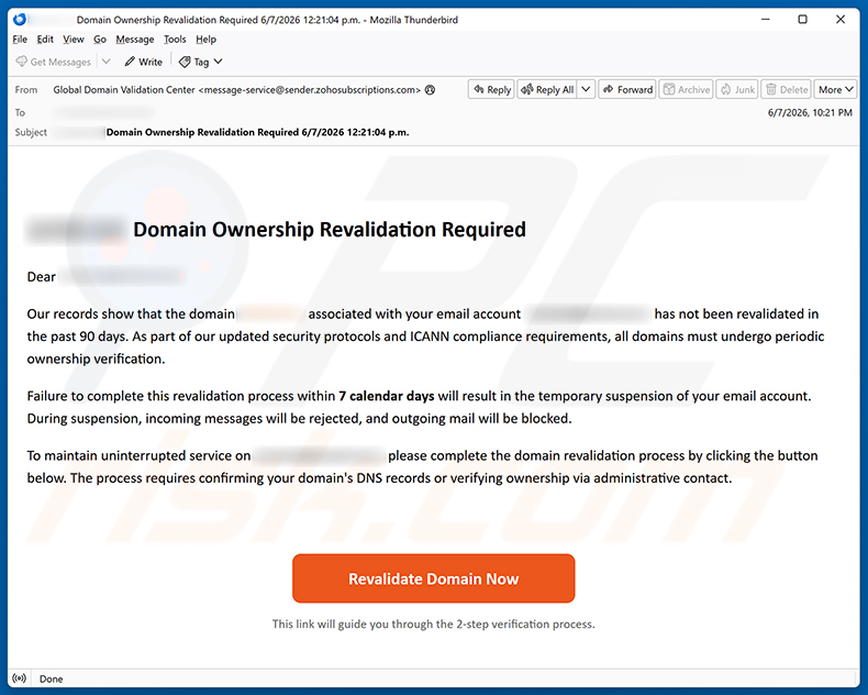 Campagne de spam par e-mail Domain Ownership Revalidation Required