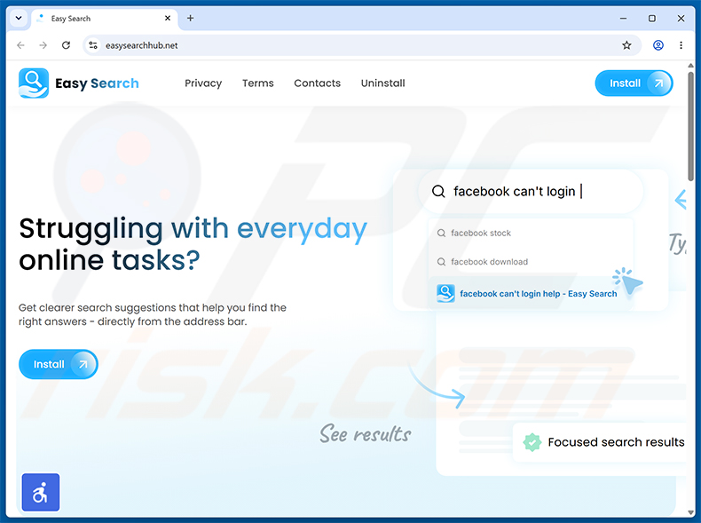 Site web utilisé pour promouvoir le pirate de navigateur Easy Search (exemple 1)