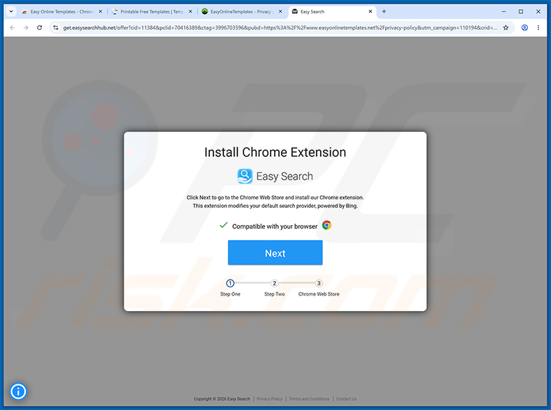 Site web utilisé pour promouvoir le pirate de navigateur Easy Search (exemple 2)