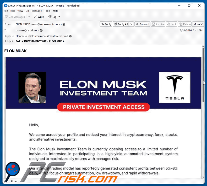 Apparence complète de l'e-mail d'arnaque Elon Musk Investment Team