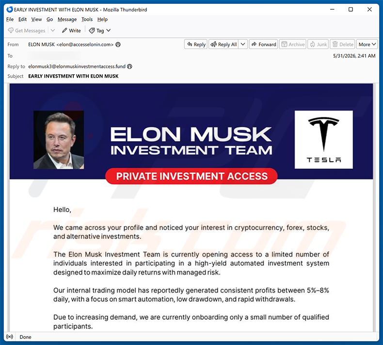 Campagne de spam par e-mail Elon Musk Investment Team