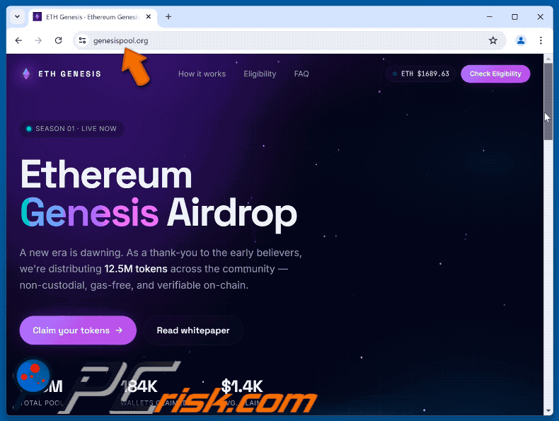 Apparence de l'arnaque Ethereum Genesis Airdrop (GIF)