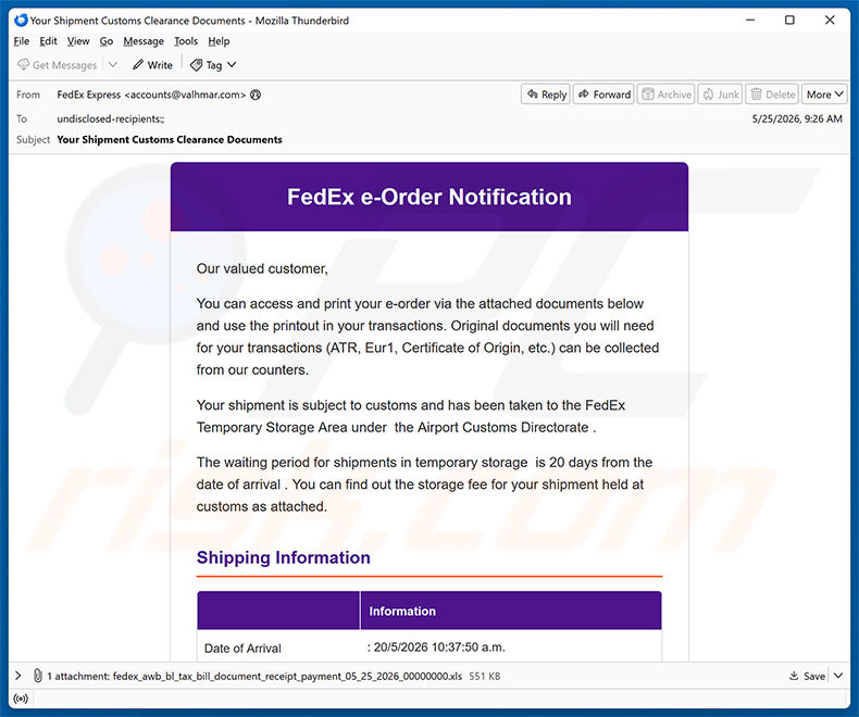 Campagne de spam par e-mail FedEx e-Order Notification