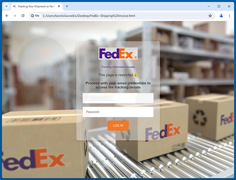 Page de phishing de l'arnaque par e-mail FedEx Shipping Labels/Documents In PDF Format