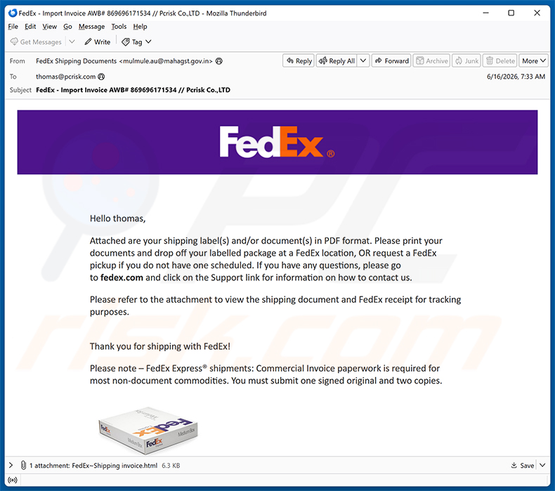 Campagne de spam par e-mail FedEx Shipping Labels/Documents In PDF Format arnaque par e-mail