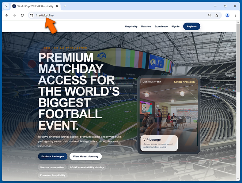 Arnaques FIFA 2026 World Cup - page complète usurpée sur ww-fifa[.]com