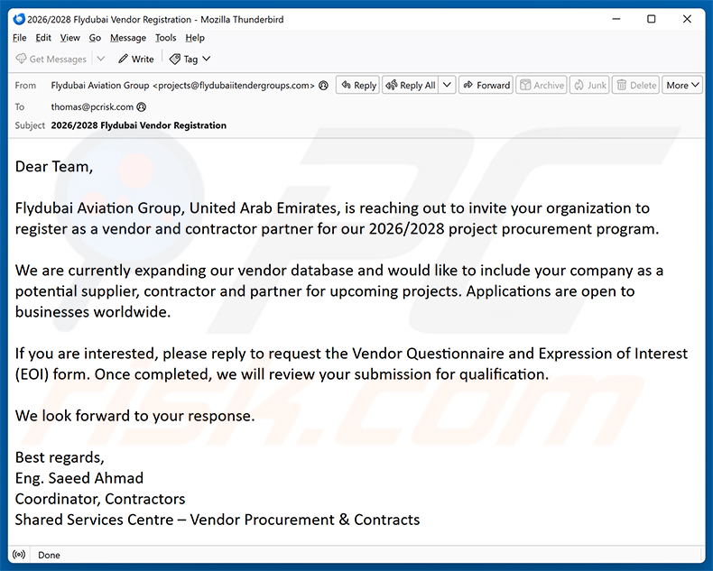 Campagne de spam par e-mail Flydubai Vendor Registration
