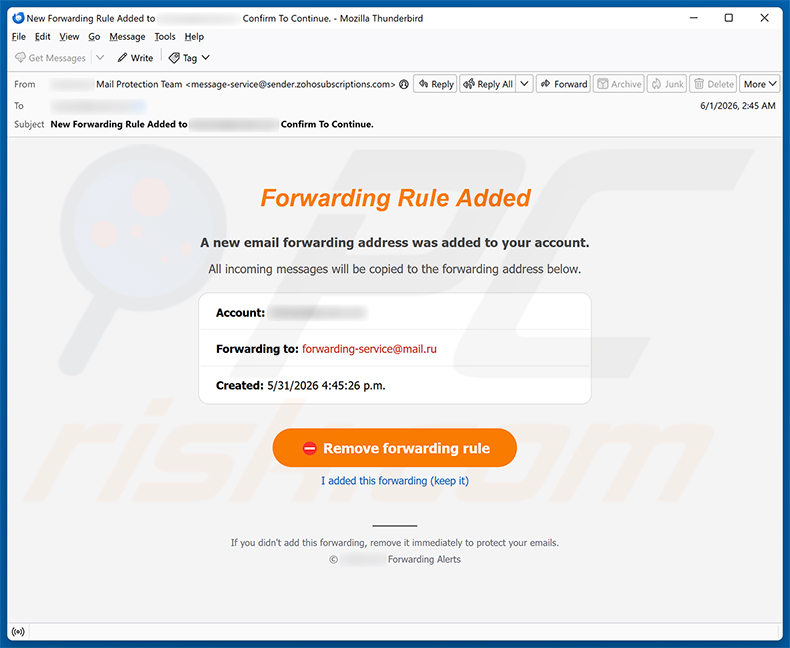 Campagne de spam par e-mail Forwarding Rule Added