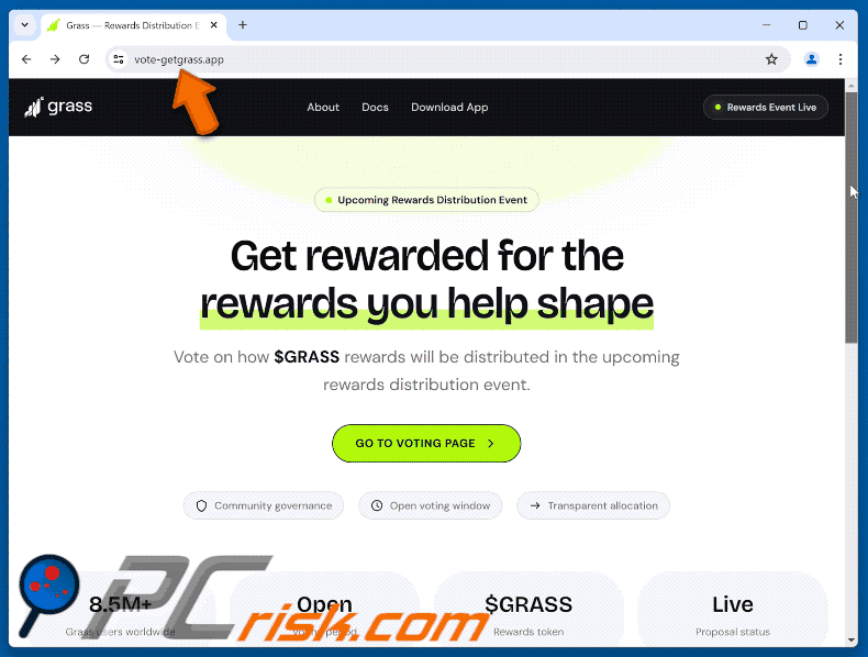 Apparence de l'arnaque Grass Vote Rewards (GIF)