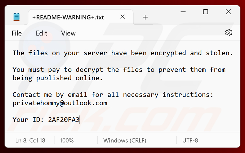 Note de rançon du ransomware Hommy (+README-WARNING+.txt)