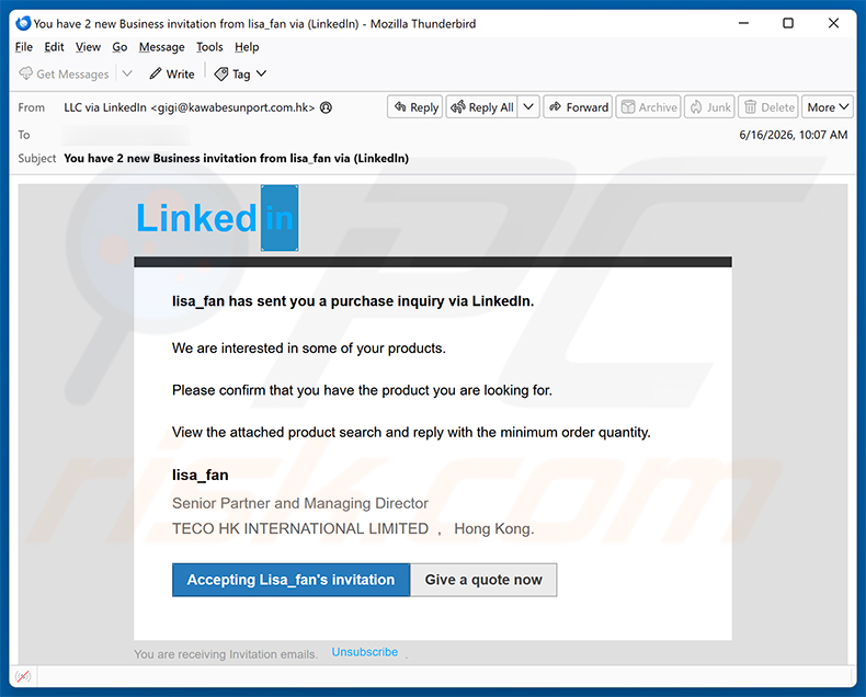 Campagne de spam par e-mail LinkedIn Purchase Inquiry arnaque par e-mail
