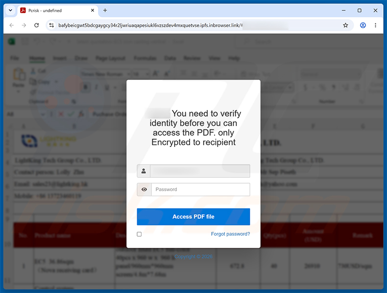 Page de phishing de l'arnaque par e-mail LinkedIn Purchase Inquiry