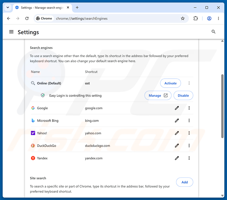 Suppression d'Easy Login (loginonlineapp.com) du moteur de recherche par défaut de Google Chrome